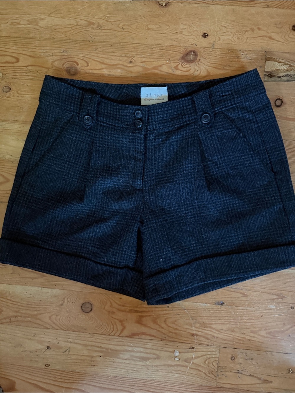 hinge Black Charcoal Tweed High-Waist Cuffed Shorts